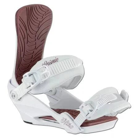 Nitro Cosmic Bindings for women, white with maroon highback, featuring comfort and easy entry buckles.