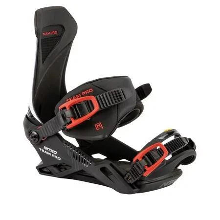 Nitro Team Pro snowboard binding with black and red design, featuring Pro Highback and Premium Lockdown Ankle Strap.