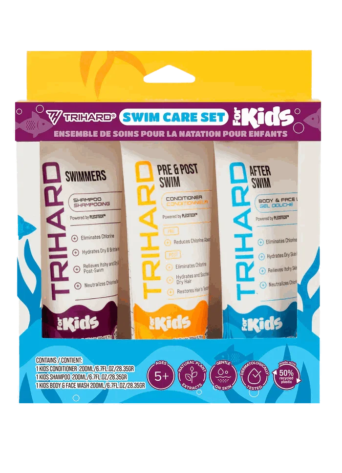 Trihard Kids Swim Conditioner Kit with shampoo, conditioner, and body wash to remove chlorine and hydrate skin and hair.