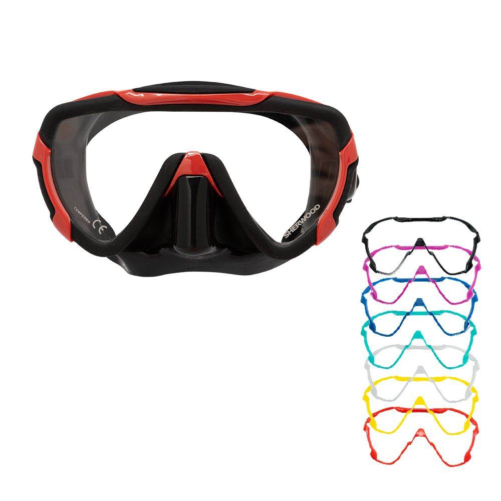 Sherwood Mimic Mast mask with wide-view lens and interchangeable color frame inserts.