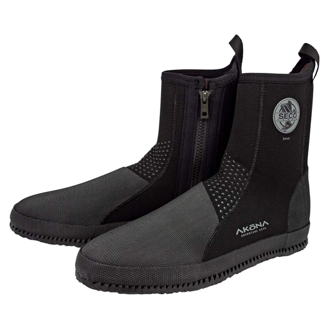 Akona Boot Seco self-draining 6mm neoprene diving boots with pull loops and drain holes.